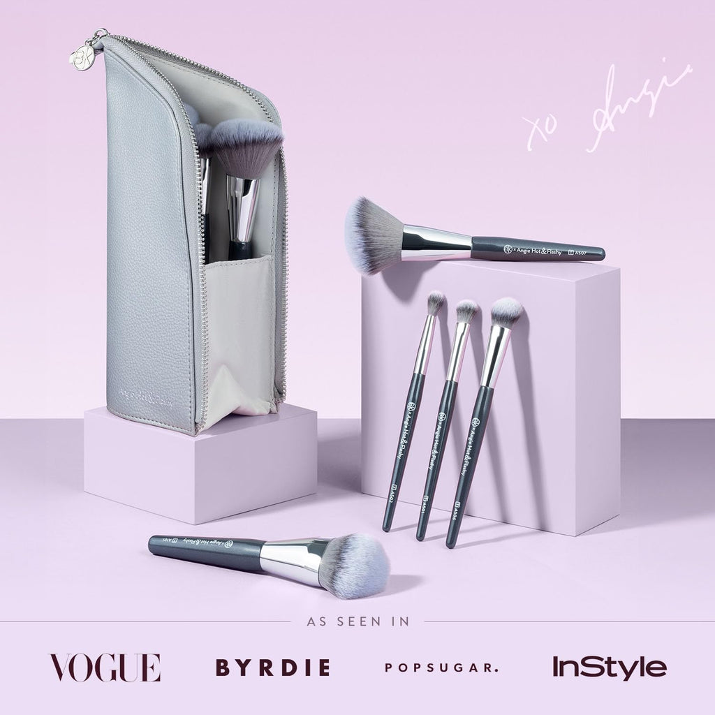 BK BEAUTY BRUSHES - ANGIE HOT & FLASHY Travel Brush Set with Pouch - Foundation Makeup Brushes - Brush for Liquid or Cream Foundations - Under-Eye Concealer | Bronzer, Blush & Highlighter Makeup Brush