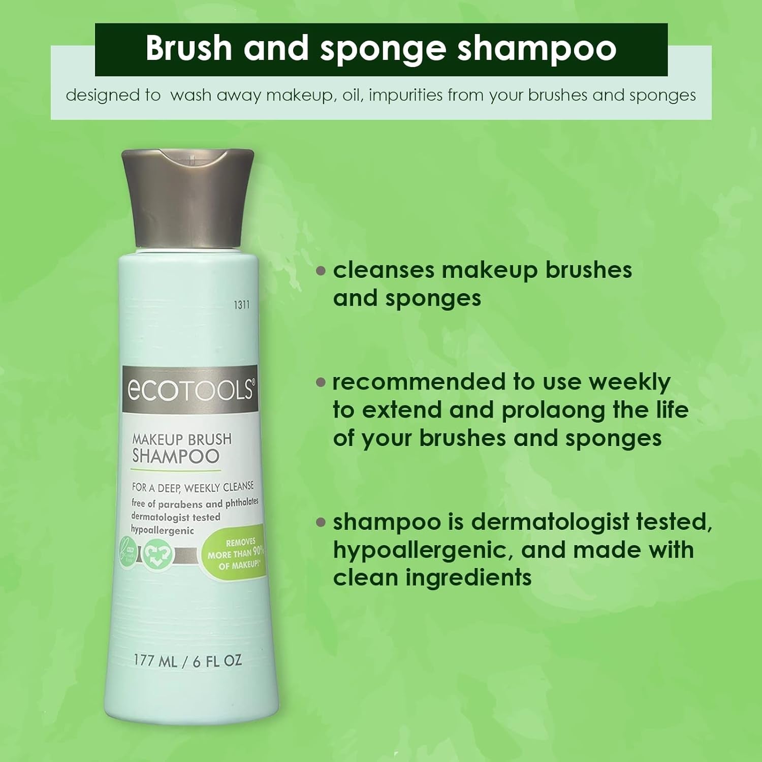 EcoTools Makeup Brush Shampoo – Gentle Plant-Based Cleaner for Makeup Brushes & Sponges | 2 Pack, 6 oz Bottles | Vegan, Hypoallergenic, Eco-Friendly